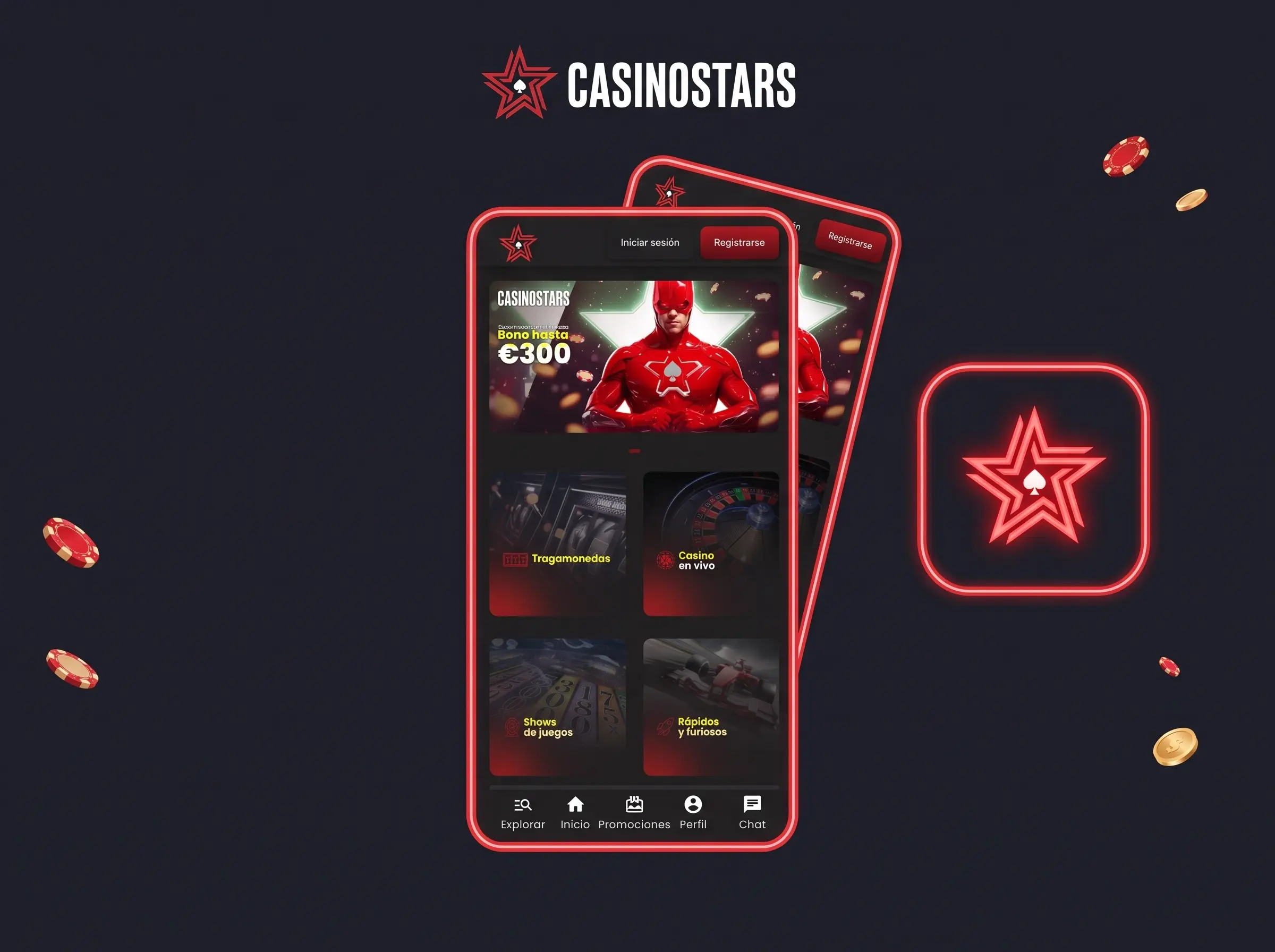 App de Casinostars en versión PWA: dos móviles con la página de inicio y el icono de la app