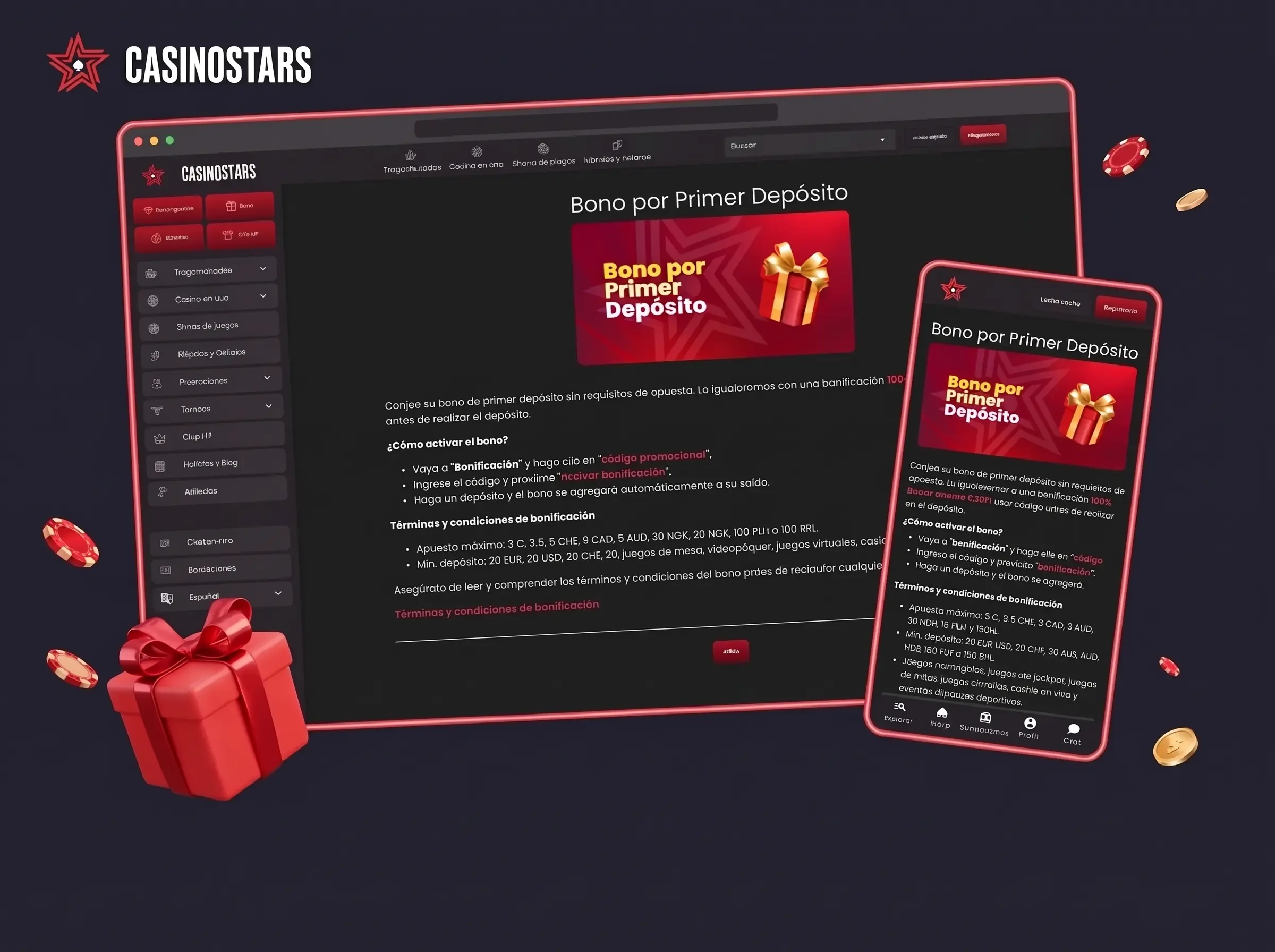 Página del bono por primer depósito de Casinostars en el navegador y en el móvil