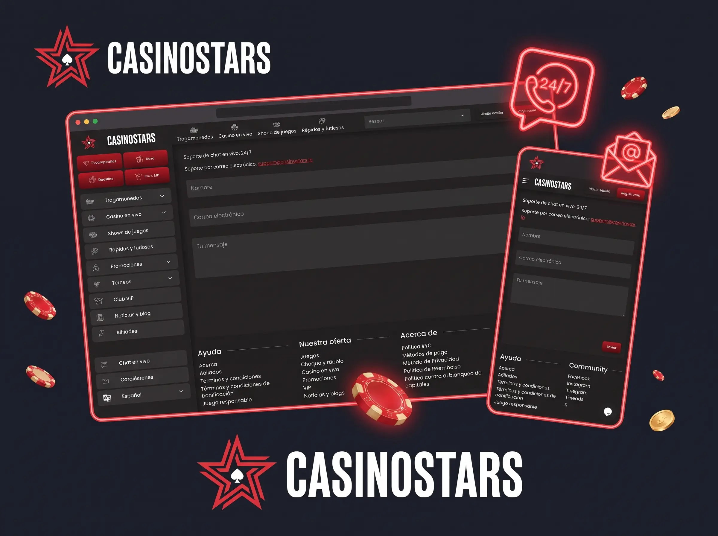 Página de contacto de Casinostars con chat 24/7 y correo