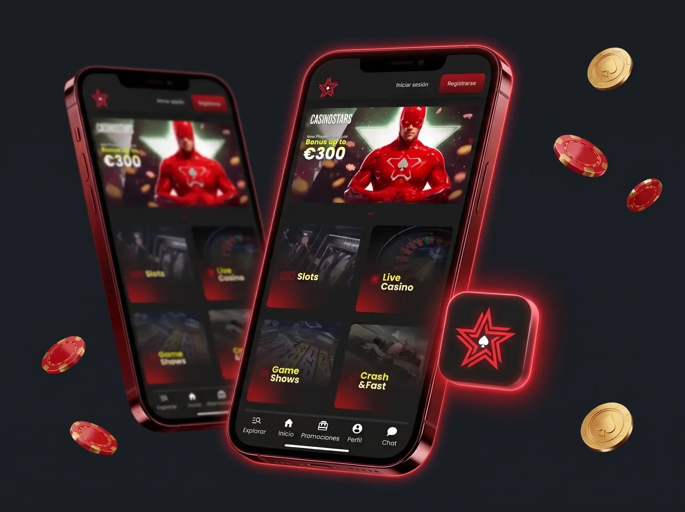 Casinostars app PWA en el móvil con el icono de la marca, el bono de bienvenida y las categorías de juegos