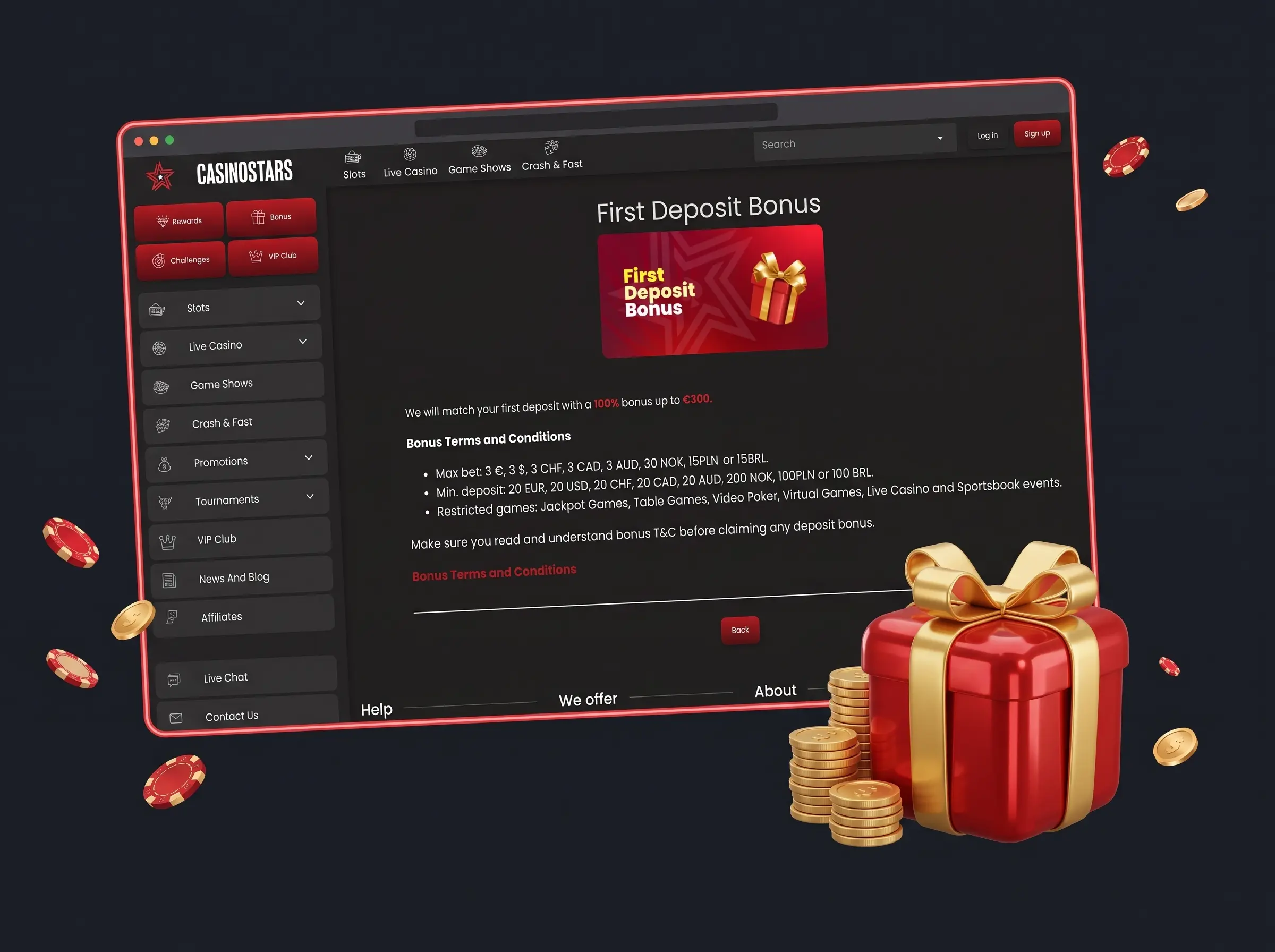 Bono de bienvenida de Casinostars: página del bono de primer depósito con regalo rojo y monedas doradas