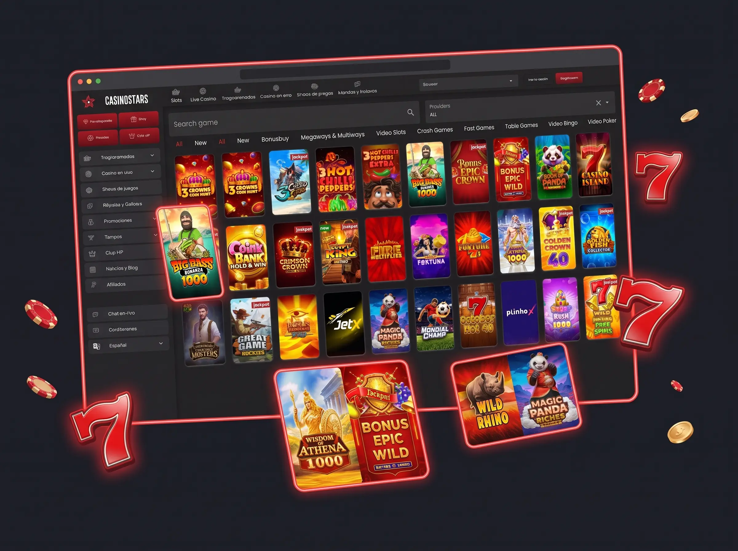 Juegos en Casinostars: catálogo de slots con portadas de juegos y símbolos de tragaperras