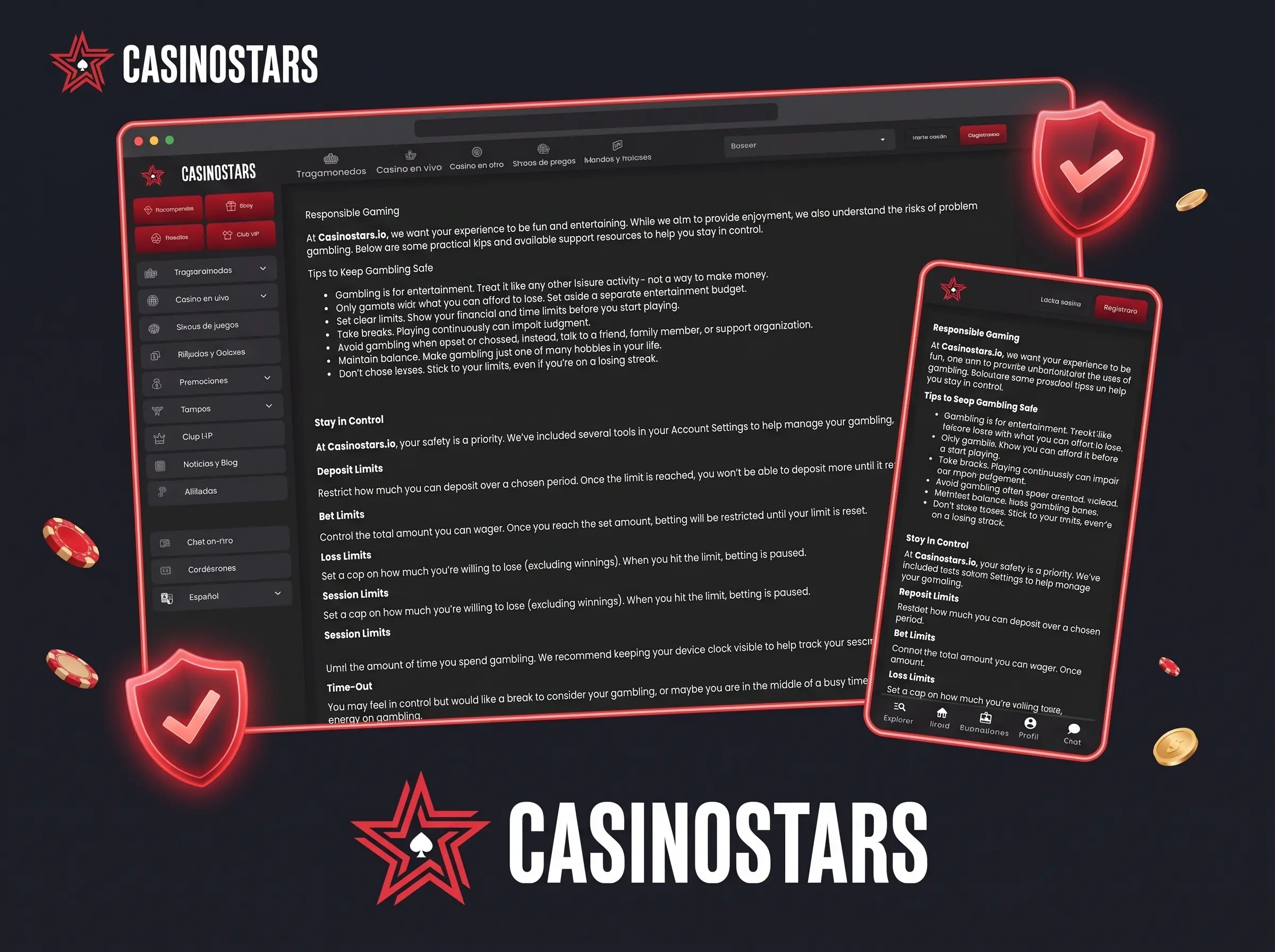 Página de juego responsable de Casinostars en el navegador
